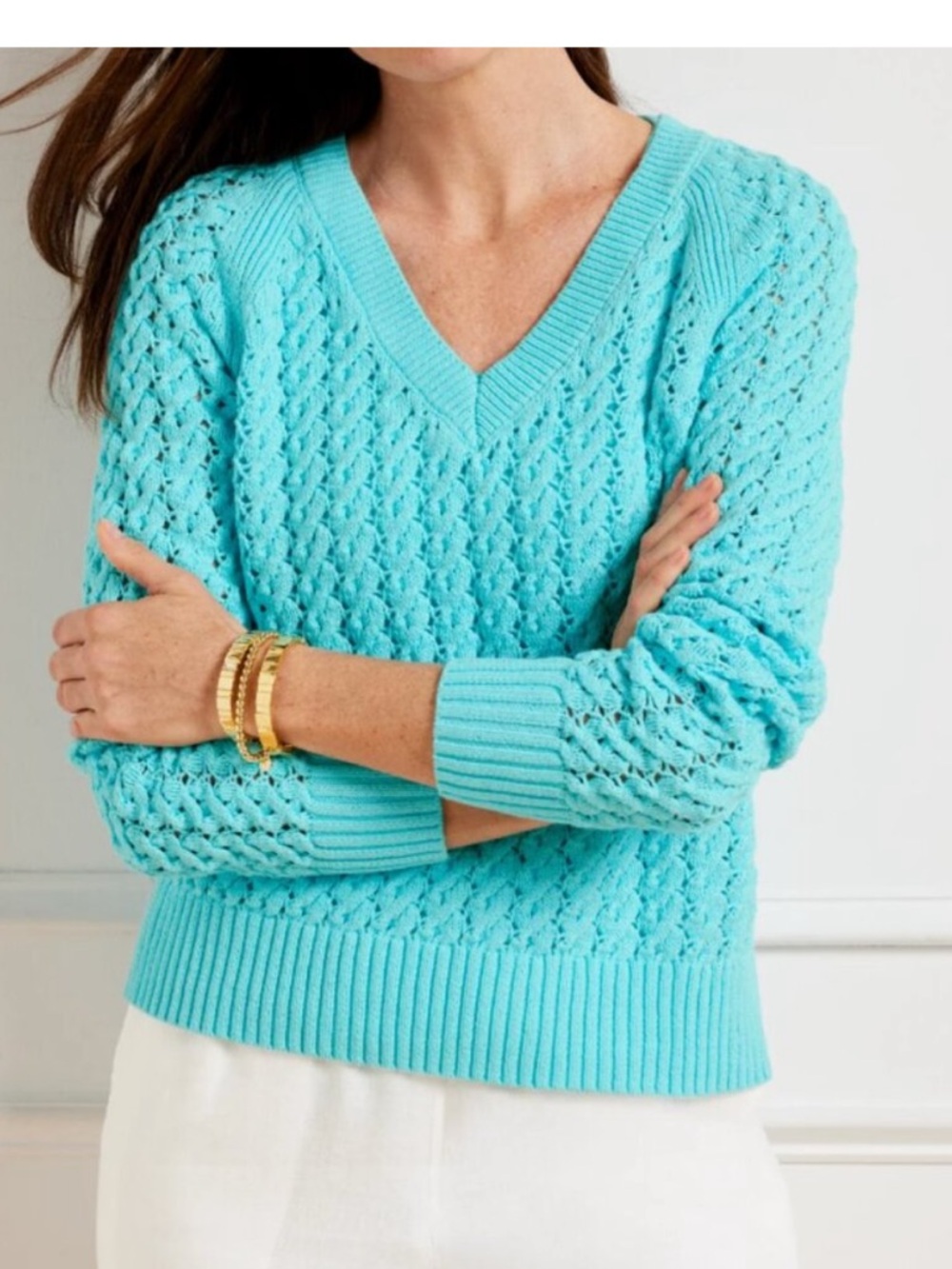 Talbots OPEN WEAVE Open Stitch V-NECK SWEATER - Cotton size XL